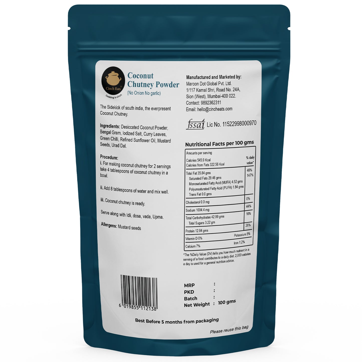 Coconut Chutney Powder - 2 x 100 gms | just add water( Ready under 30 seconds)|(Tadka included)| Export Quality