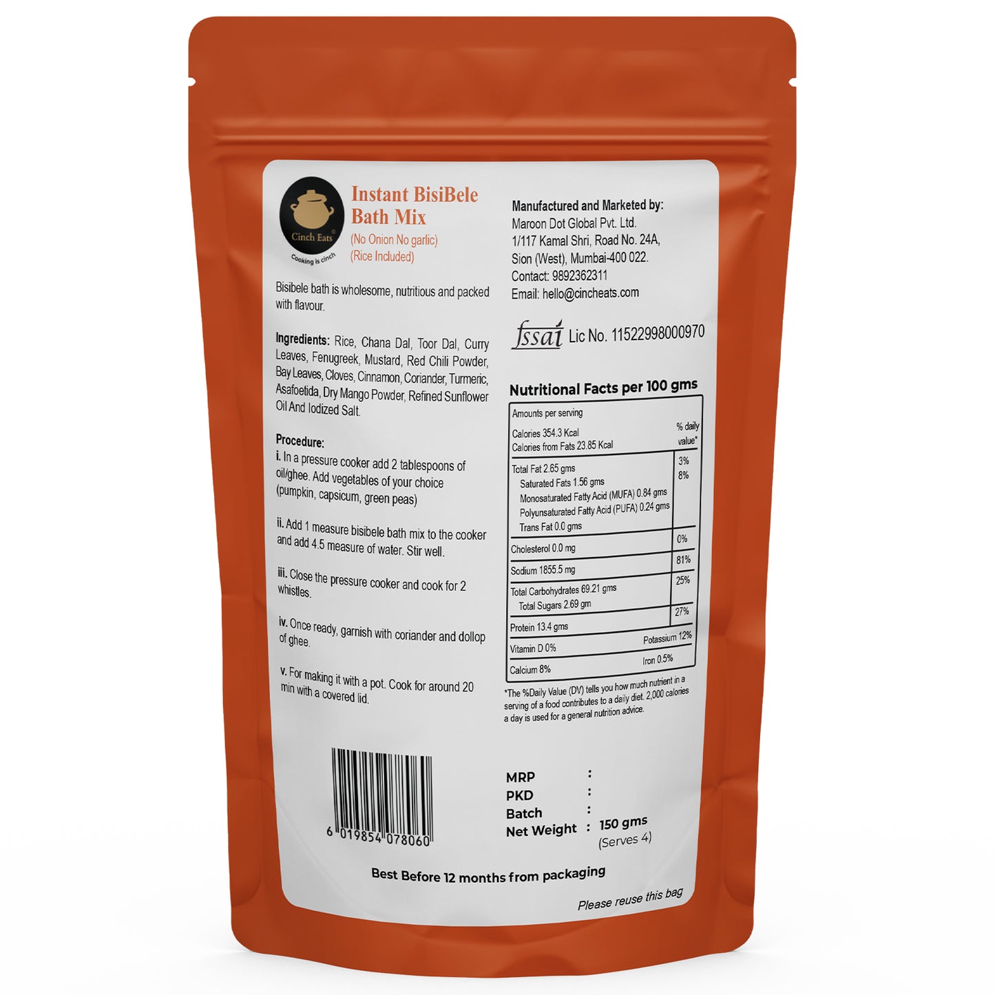 Instant Bisibele Bath Mix ( rice included) | 150 gms | serves 4- makes 600 gms wet | ₹18 per serve
