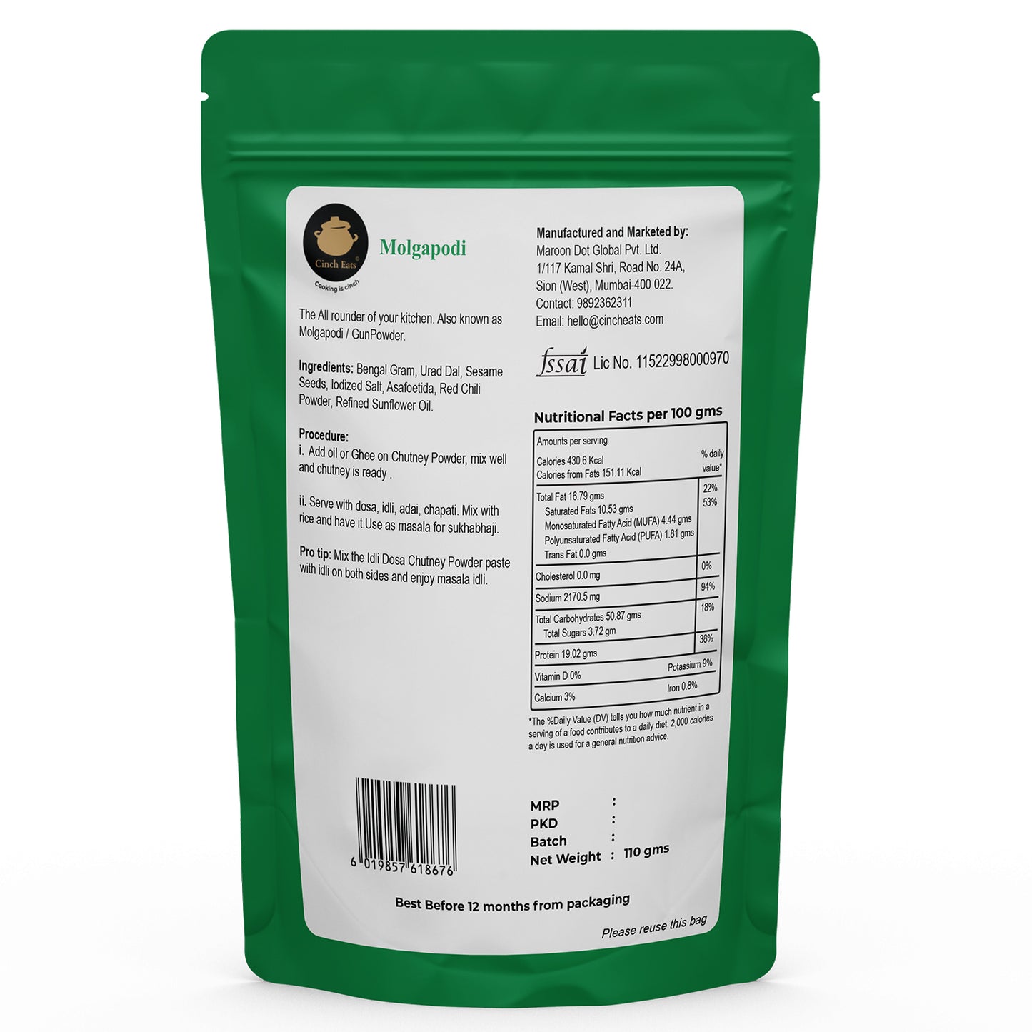 Idli dosa chutney powder/Molgapodi / Gun Powder | 110 gms | just add oil/ghee| Export Quality