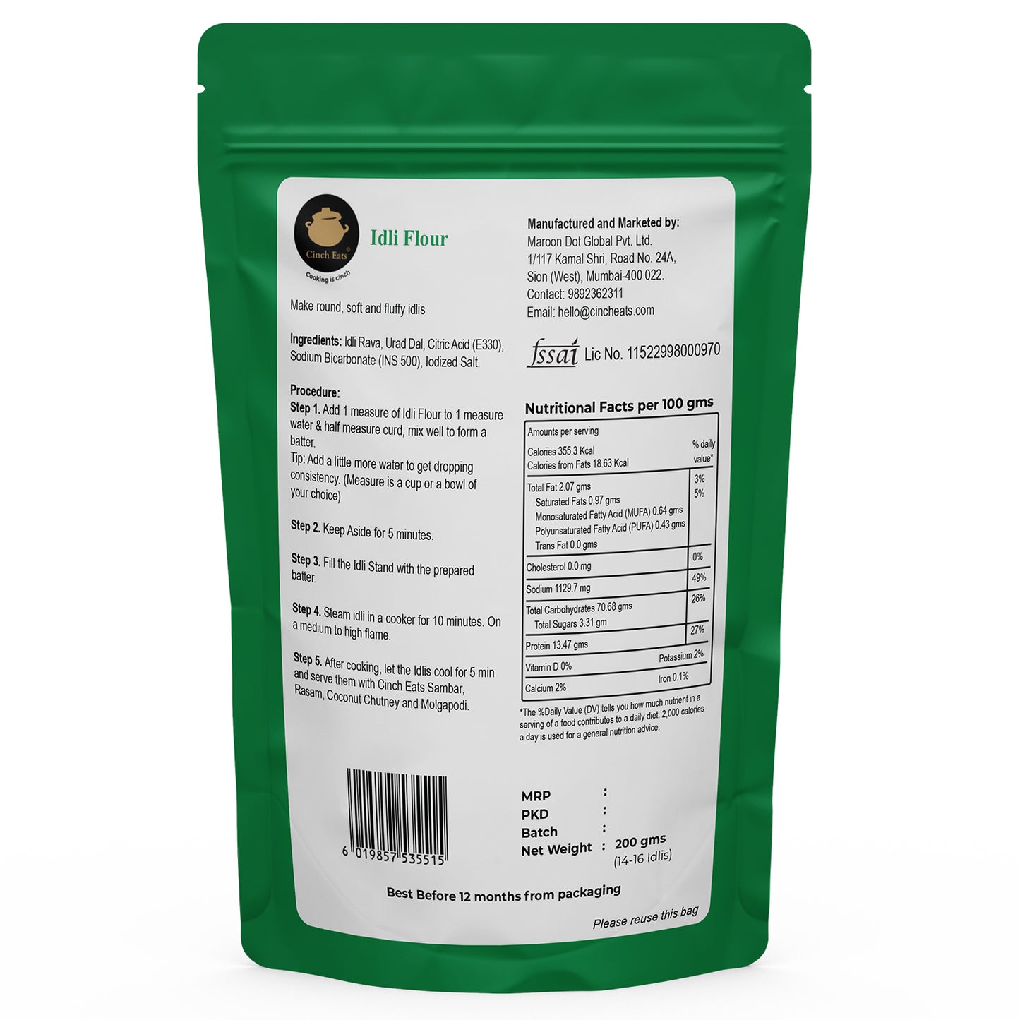 Idli Mix | 200 gms | Ready under 10 minutes | serves 14-16 idlis | ₹5 per Idli | Export Quality