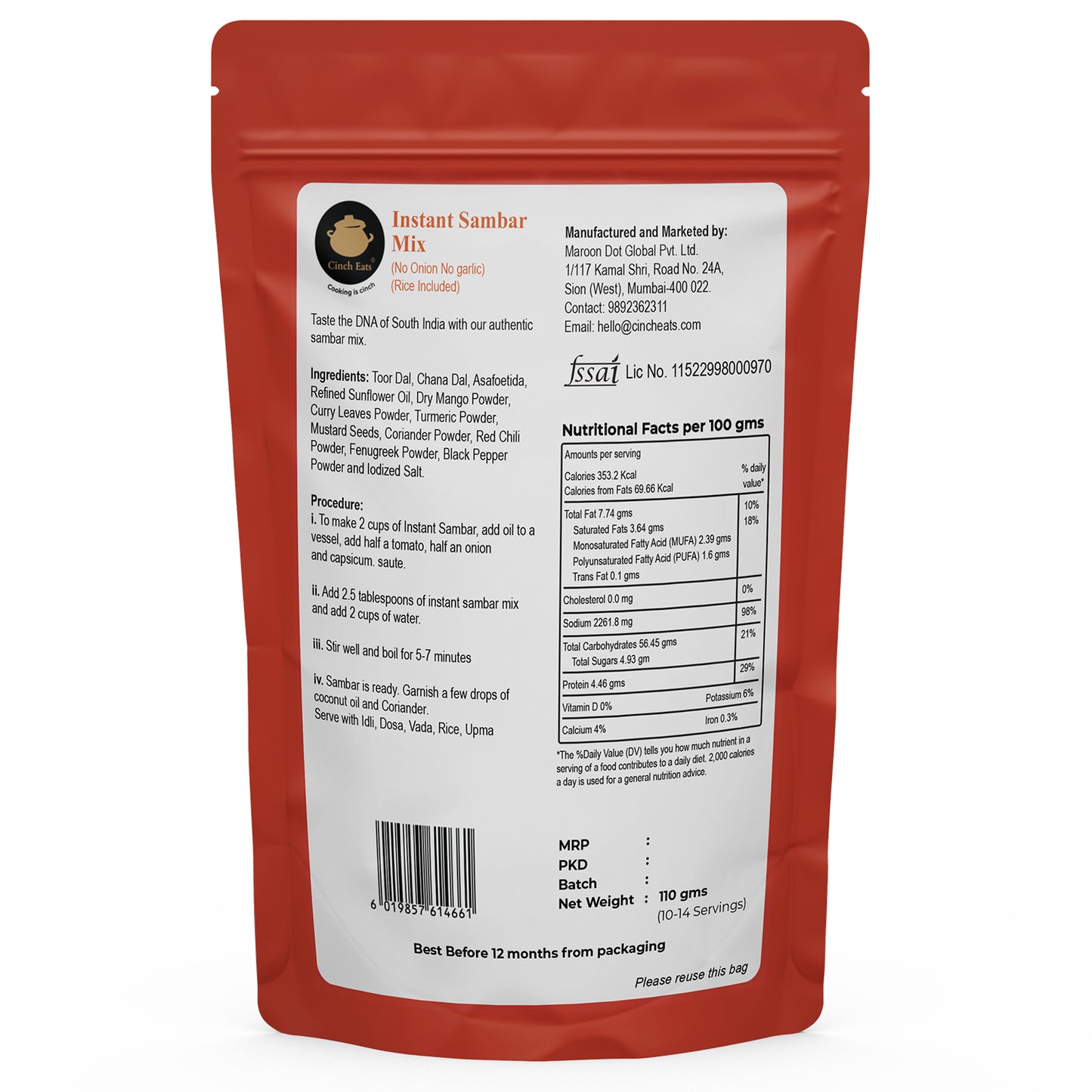 Instant Sambar Mix | Madras Style | 2 x 110 gms | Makes 1.5 ltrs| Export Quality