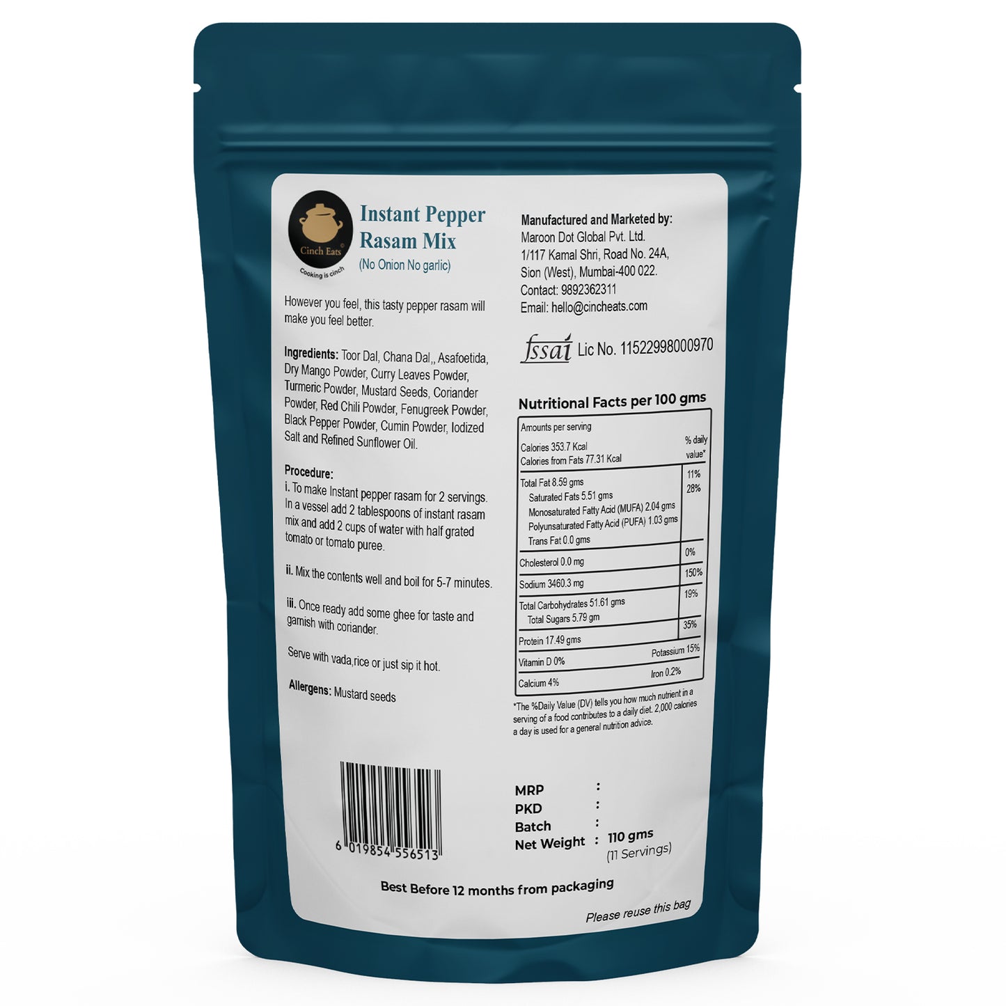 Instant Pepper Rasam Mix | 110 gms | serves 10-11 | just add hot water | makes 1.7 ltrs