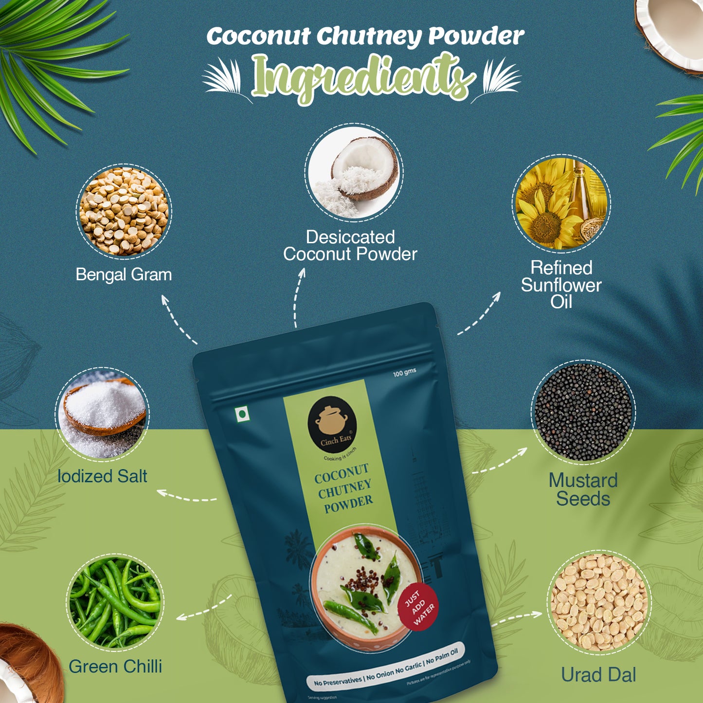 Coconut Chutney Powder - 2 x 100 gms | just add water( Ready under 30 seconds)|(Tadka included)| Export Quality